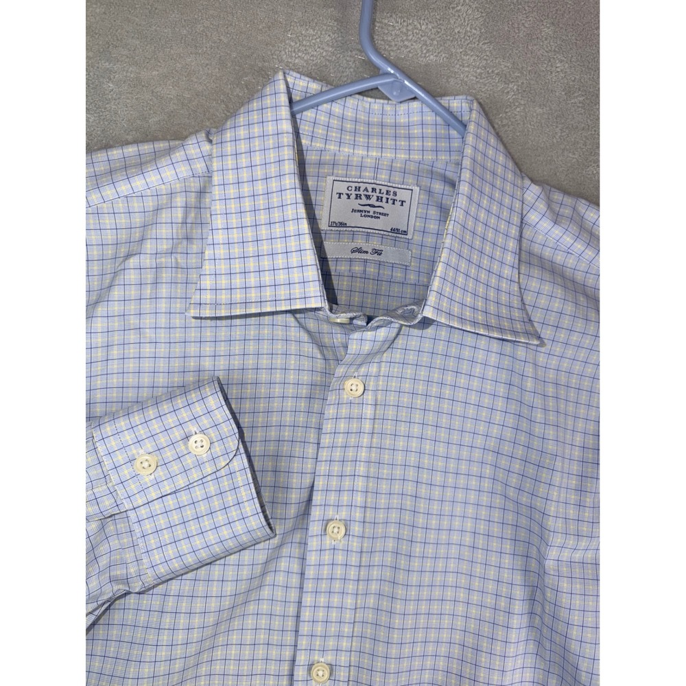 Charles Tyrwhitt Men's Slim Fit 17.5X36 Blue Yellow Tattersall Check Dress Shirt